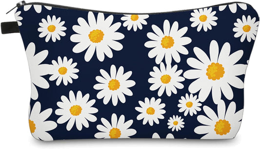 Cute Travel Makeup Bag Cosmetic Bag Small Pouch Gift for Women (Daisy Dark Blue)