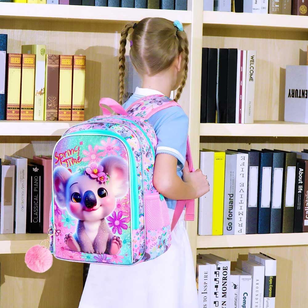 3PCS Girls Koala Backpack, Water Resistant Kids Bookbag with Lunch Box, 16" Preschool Backpacks for Elementary - Koala Pink