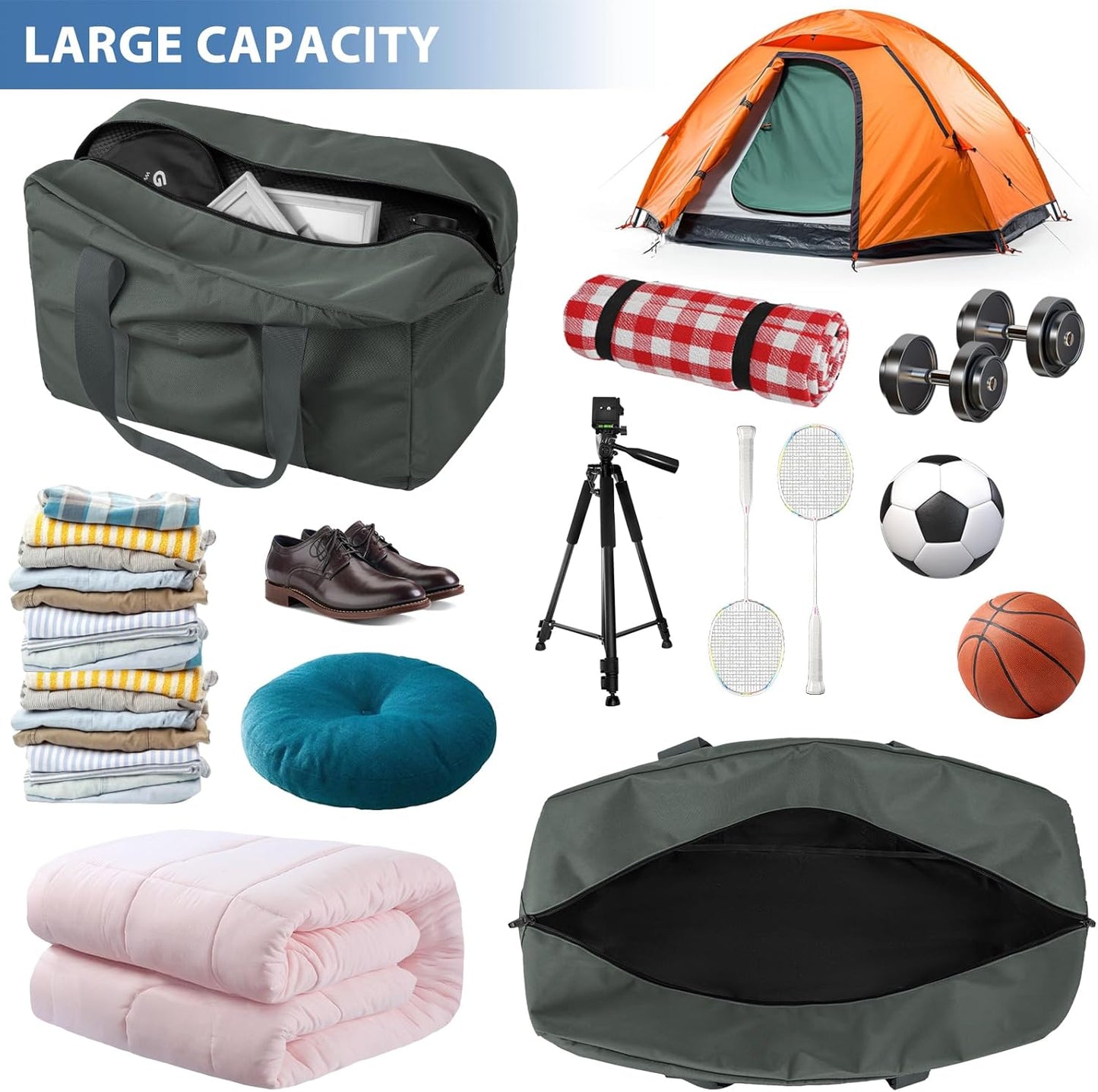 Travel Duffle Bag, 70L Gear Bag for Men and Women, Storage Bag Ideal for Overnight Camping and Weekend Getaways, Dark Gray