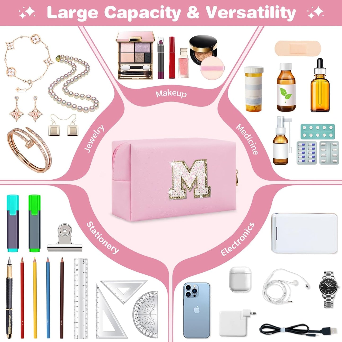 Small Personalized Initial A-Z Patch Makeup Bag,Pink Cute PU Leather Glitter Letter Cosmetic Bag for Teen Girls,Travel Toiletry Bag with Zipper,Preppy Monogrammed Birthday Gift for Daughter Niece M