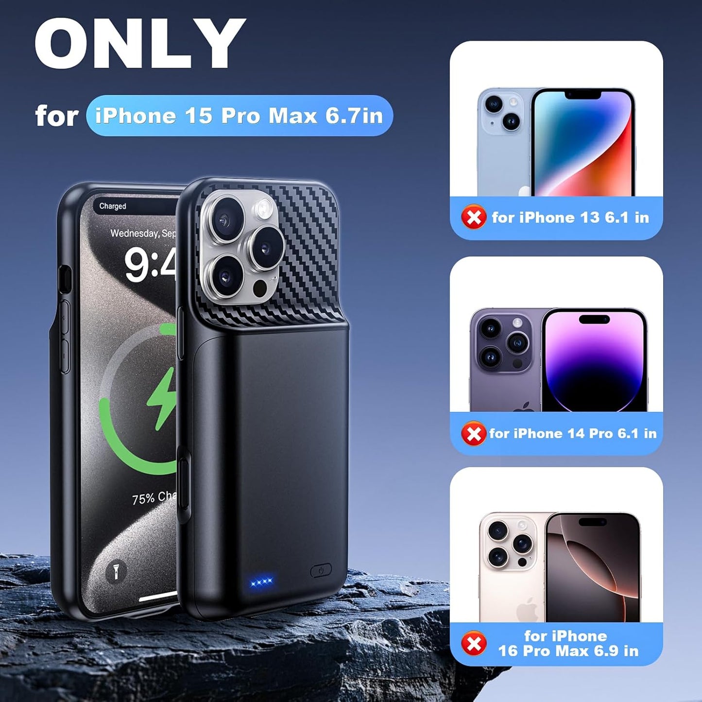 Battery Case for iPhone 15 Pro Max (6.7 inch), 2025 Upgraded High Capacity 13800mAh Battery Pack Rechargeable Charger External Charging Case with Tempered Glass Screen Protector Black