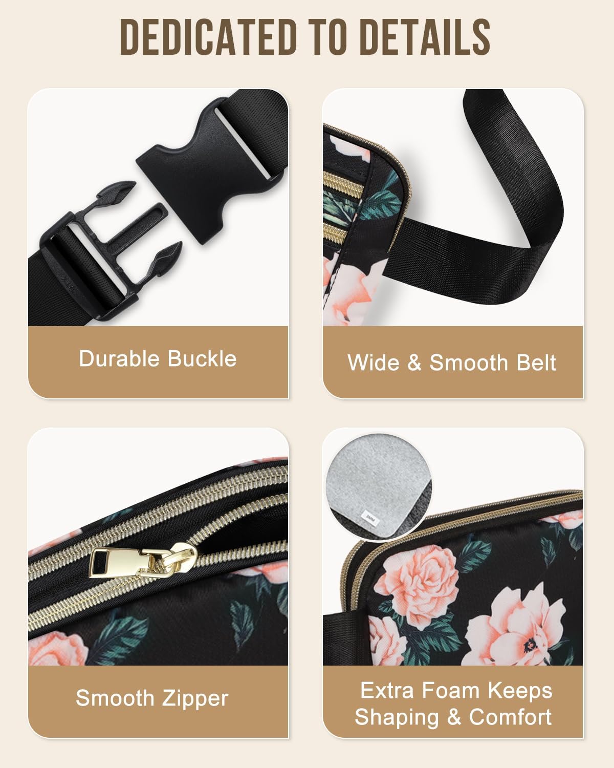 Capolo Fanny Packs for Women Fashion Waist Packs Bag with Adjustable Strap and 4 Zipper Pockets Waterproof Everywhere Crossbody Belt Bag for Workout Running Travelling(Black Flower)