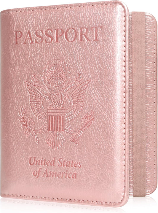 ACdream RFID BLOCKING Passport Holder Travel Wallet, Premium PU Leather Cover Passport Book with Card Holder, Pen Holder, Keep Organization, and Travel Essentials for Women and Men, Rose Gold