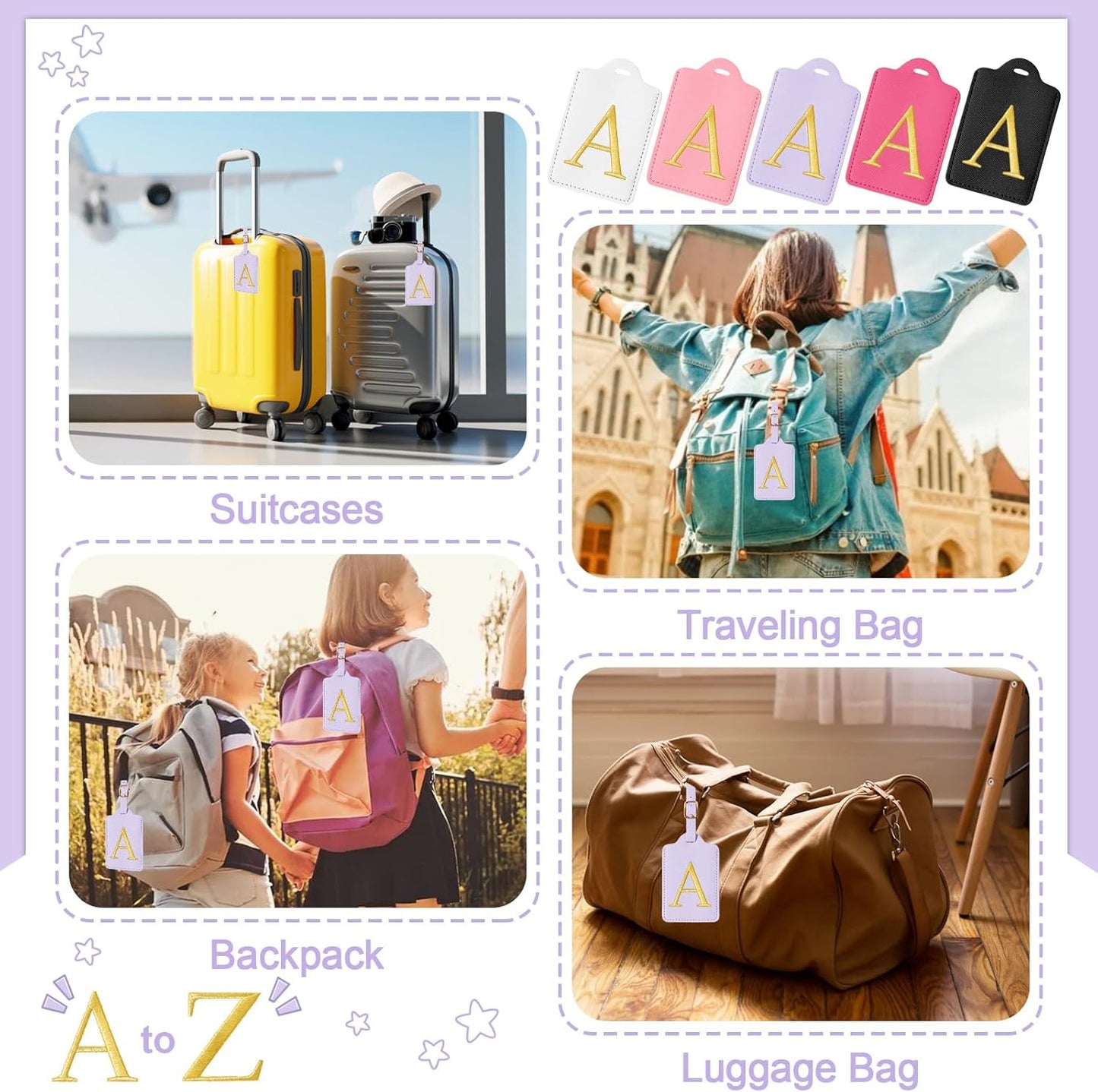Initial Luggage Tags for Suitcases, Cute Embroidered Letter Luggage Bag Suitcase Identifier Name Baggage Tag, PU Leather Travel Luggage Tags, Bag Tags for Men Women Kids Luggage Handbags(Purple A)