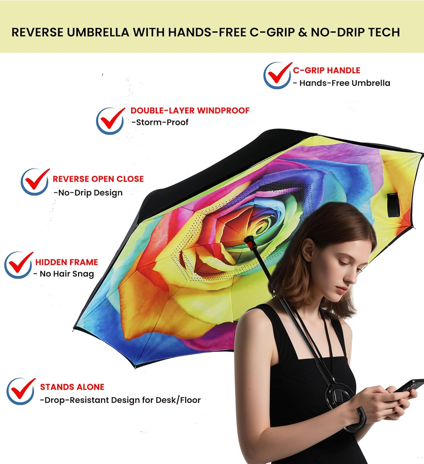 SIEPASA 49/56 Inch Inverted Reverse Upside Down Umbrella, Extra Large Double Canopy Vented Windproof Waterproof Stick Golf Umbrellas with C-shape Handle.
