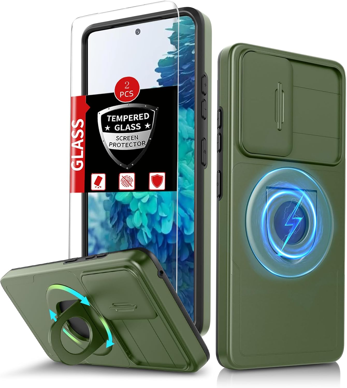 for Samsung Galaxy S20 FE Case Magnetic Compatible with MagSafe Wireless Charging,with 2 Screen Protectors,Built-in Stand Ring+Camera Cover Anti-Scratch Shockproof Heavy Duty Protection Green
