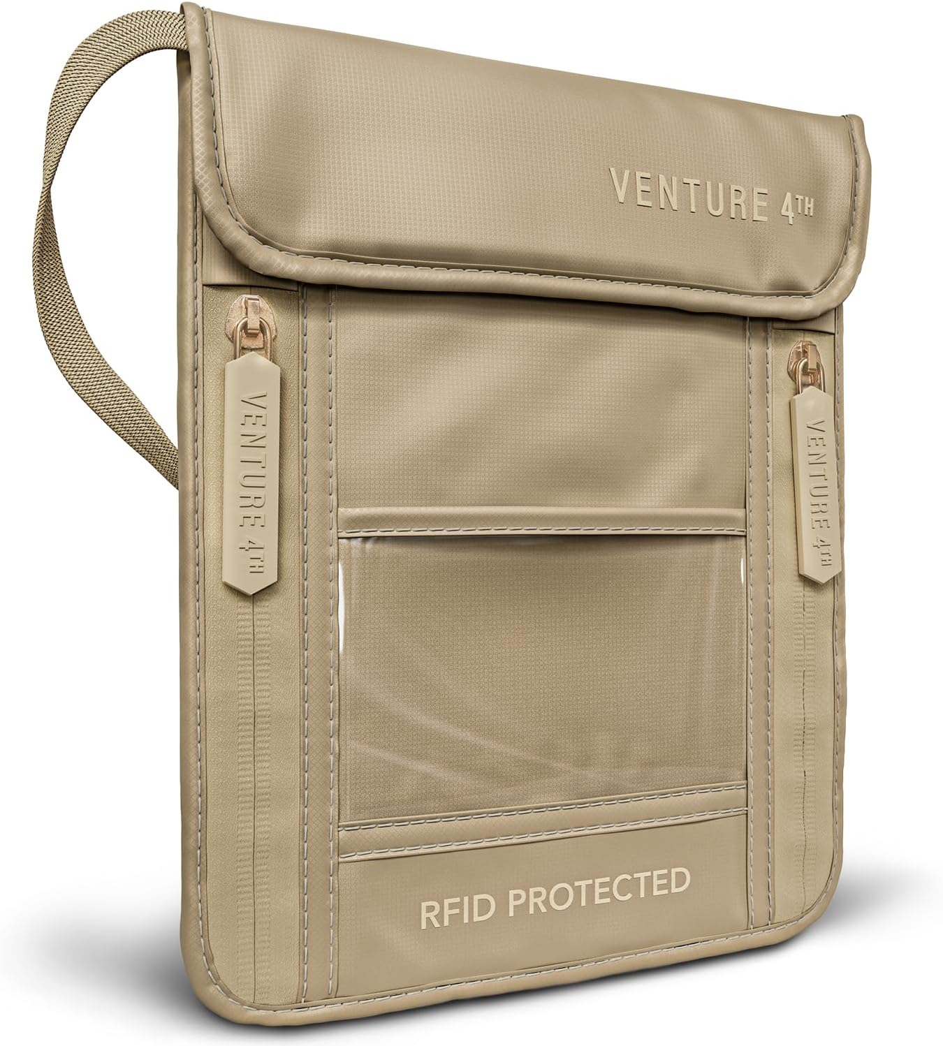 VENTURE 4TH Neck Wallet, RFID Blocking Passport Holder for Travel – Hidden Neck Pouch with 5 Compartments, Slim Lightweight Organizer with Adjustable Strap for Cash, Cards & Passport (Sleek Beige)