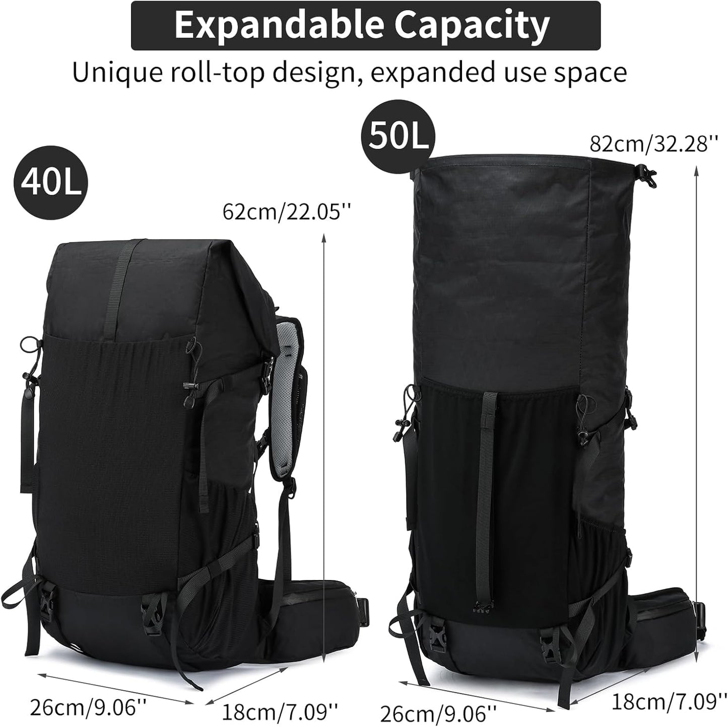 Hiking Backpack,40L to 50L Extra Large Capacity Hiking Bag,Internal Frame Camping Backpack,Upgraded X-PAC Lightweight Sport Daypack Travel Backpack Fit For Mountain Climbing Camping(Black)
