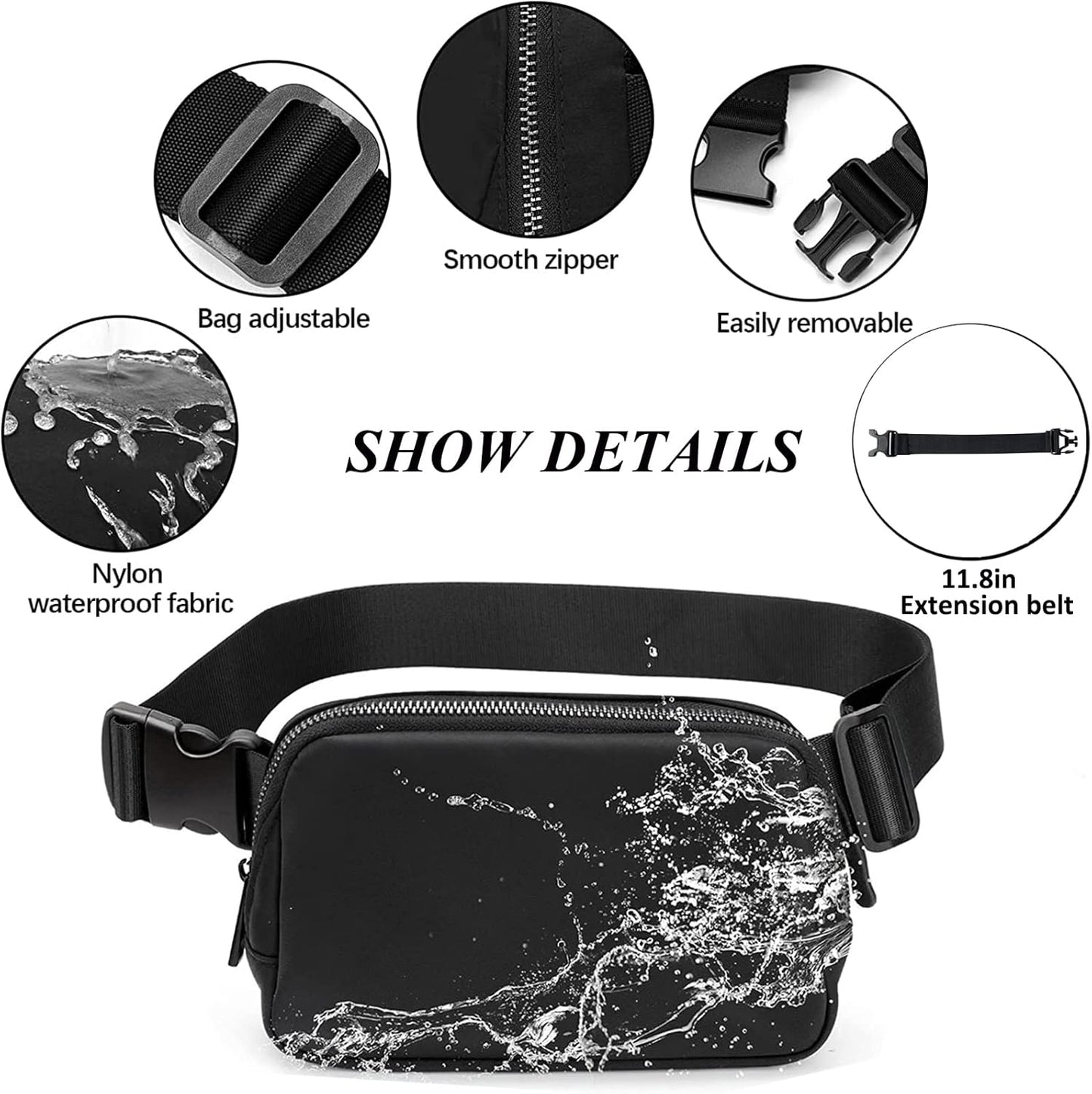 Fanny Pack for Women Men,Fashion Crossbody Bag Mini Belt Bag with Adjustable Strap and 11.8in Extension Belt, Waterproof Waist Bag for Outdoor Running Hiking Walking Travel (Black)