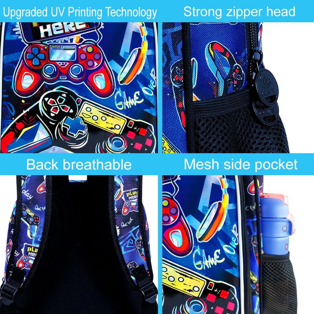 CCJPX 3PCS Gamer Backpack for Boys, 16 Inch Kids Water Resistant Preschool Bookbags, Cool Kindergarten School Backpacks and Lunch Box