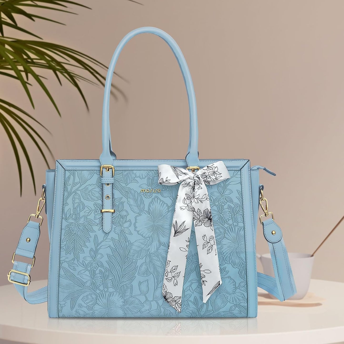 MOSISO Laptop Bag for Women, PU Leather Tote Bag, Front Embossed Retro Hibiscus Computer Bags with Silk Scarf&Clutch Purse