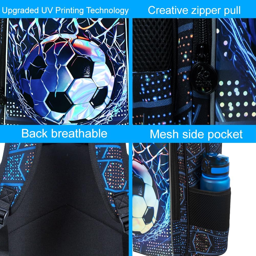 3Pcs Soccer Backpack for Boys, 17" Kids School Bookbag with Lunch Box, Football Backpacks Set for