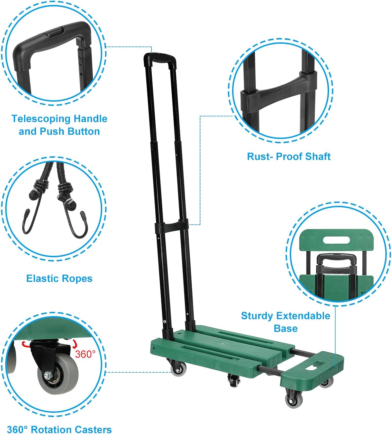 PATIKIL Folding Hand Truck, 440lb Heavy Luggage Cart Portable Duty Dolly for Moving PU Wheels & 2 Elastic Ropes Travel Shopping House Office Use, Red