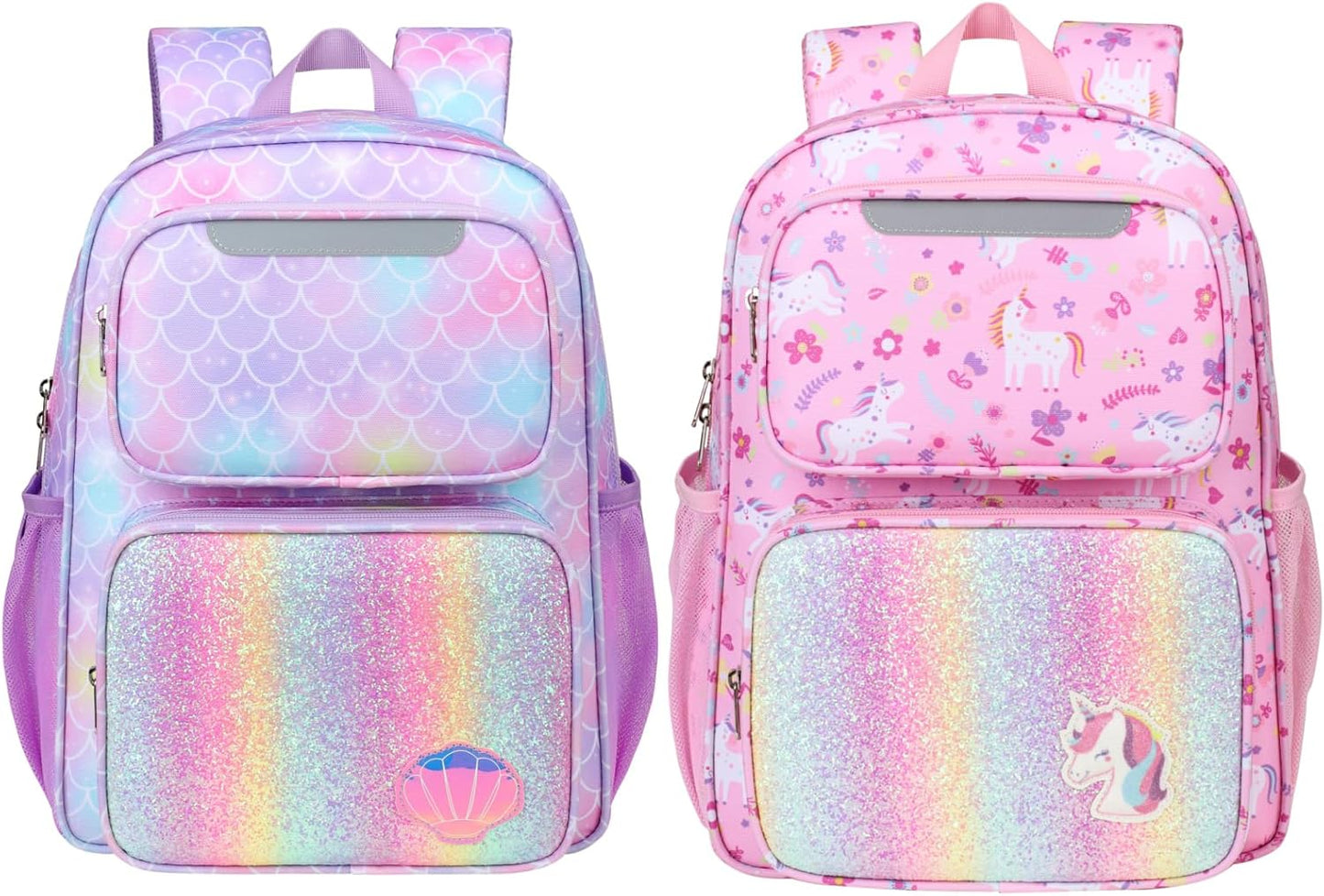 2pcs Kids Backpack for Girls - 15 Inch Backpack for Kids 3 to 8, Lightweight Bookbag for Preschool Kindergarten Elementary School, Insulated Pocket, Pink Unicorn & Purple Mermaid