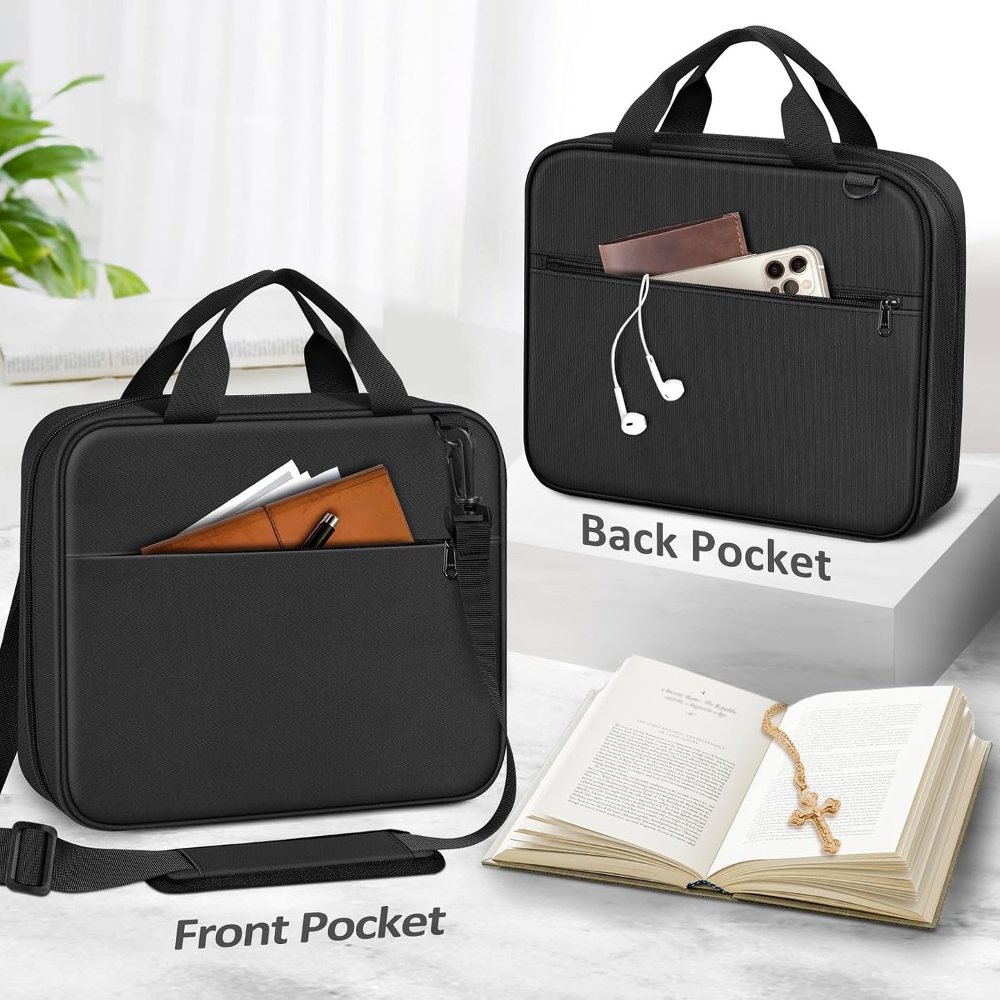 FINPAC Large Bible Cover, Carrying Book Case Church Bag Bible Protective with Zippered Pocket and Handle, Gift for Men Women
