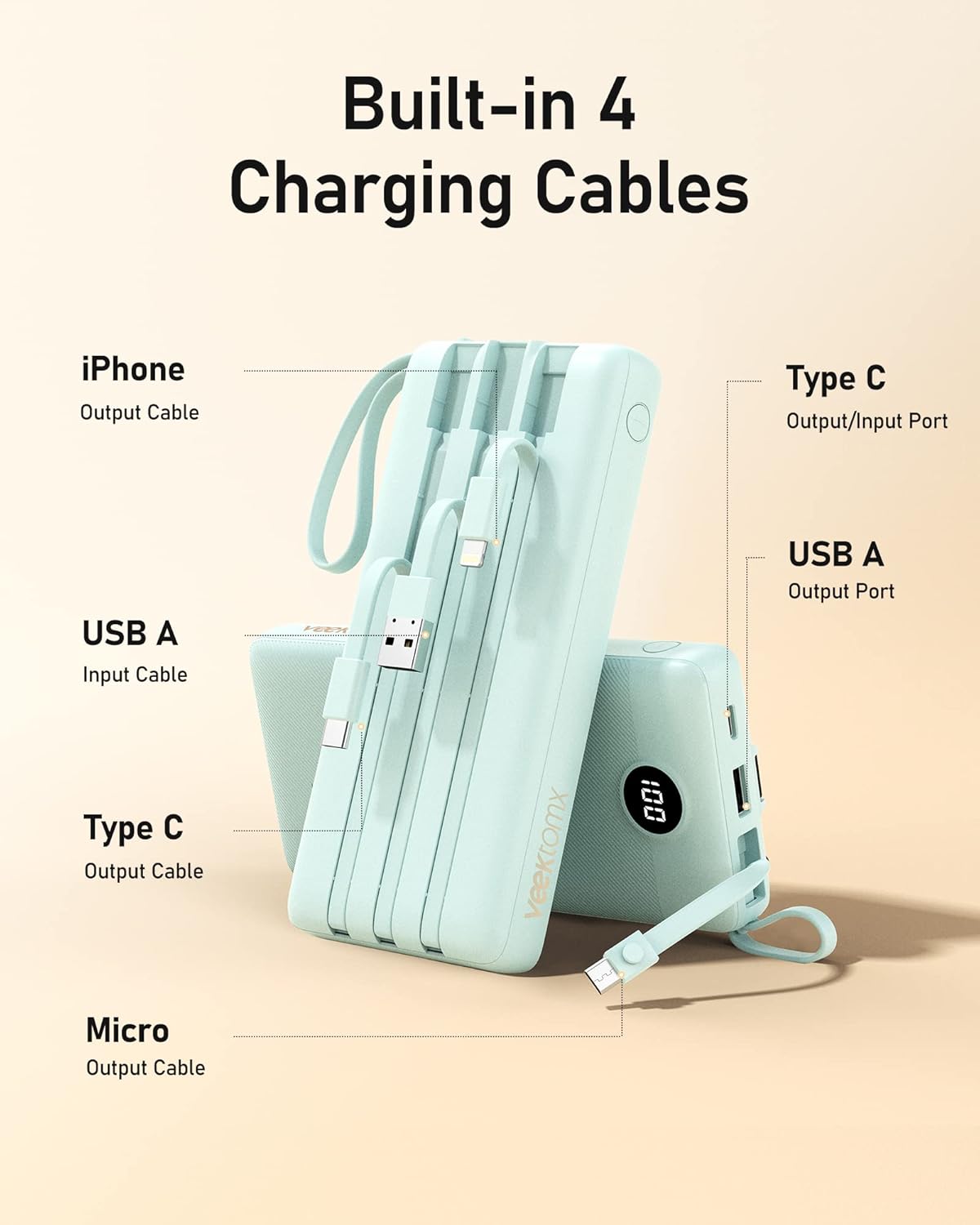 VEEKTOMX Portable Charger Built-in Cables, Power Bank for iPhone, Fast Charge USB C Battery Pack Travel Essentials Powerbank Compatible with iPhone 17/16/15/14, Samsung S25/24