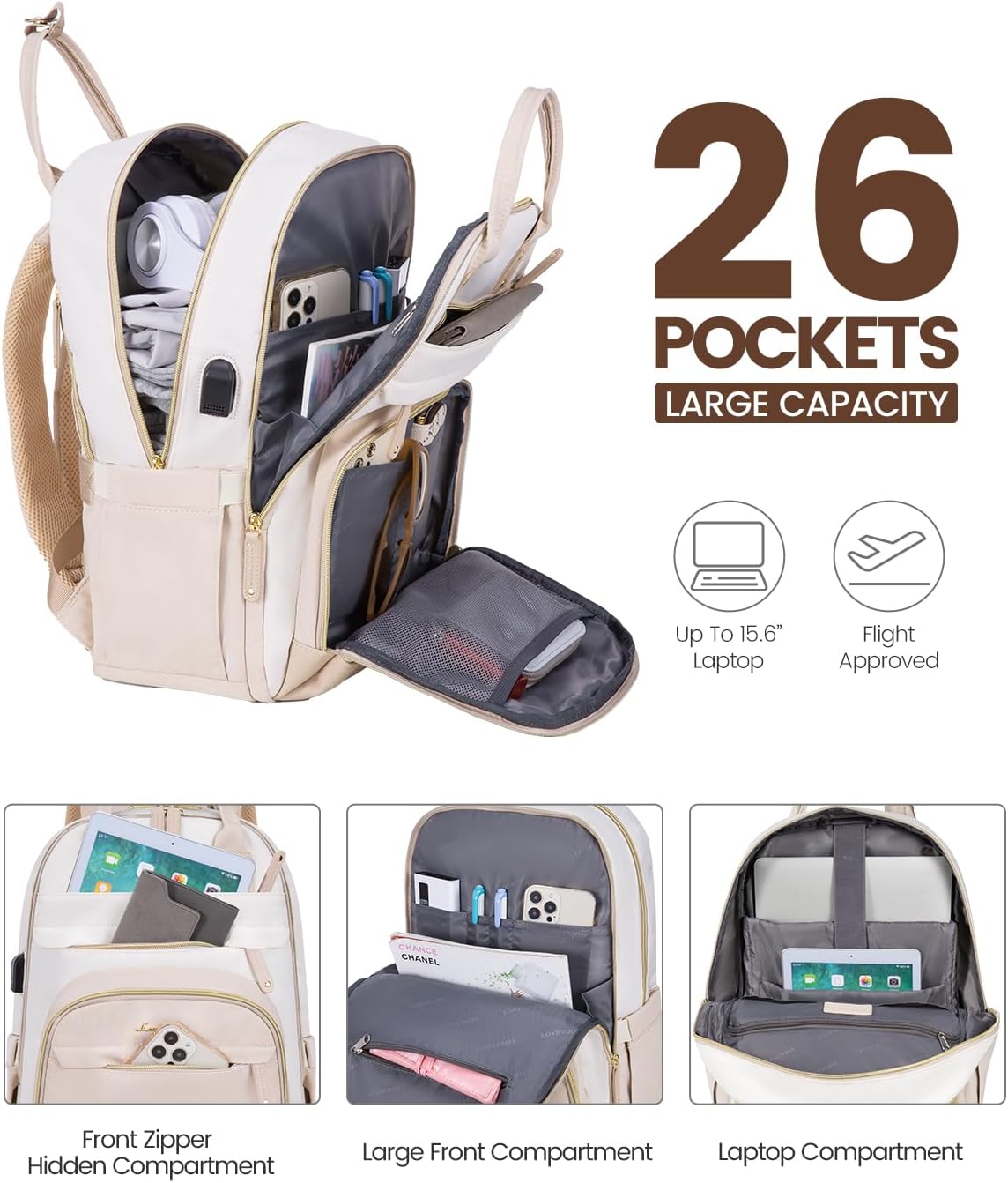 LOVEVOOK Backpack for Women,Laptop Backpack Women,Fits 15.6 Inch Laptop Bag,School Backpack,Fashion Travel Work Anti-theft Bag,Waterproof Business Computer College Backpack Purse,Beige white-Grey pink