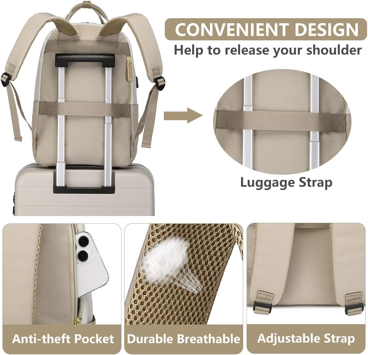 Backpack for Women Laptop Bag: Work Travel Backpacks Fits 17 inch Computer Waterproof College Bookbag with USB Charger Anti-theft Business Casual Backpack Purse for Nurse Teacher Beige Khaki