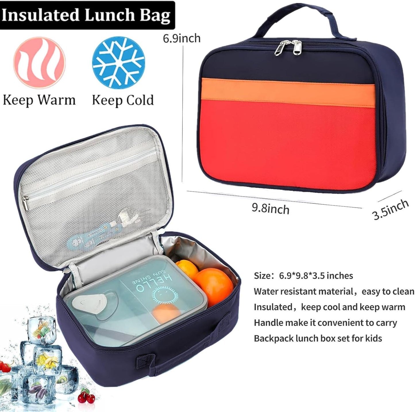 Kids Backpack Lunch Box Set Elementary School Backpacks 5-9 Years for Boys and Girls with Chest Buckle (Set Navy Red, Large-17 H)
