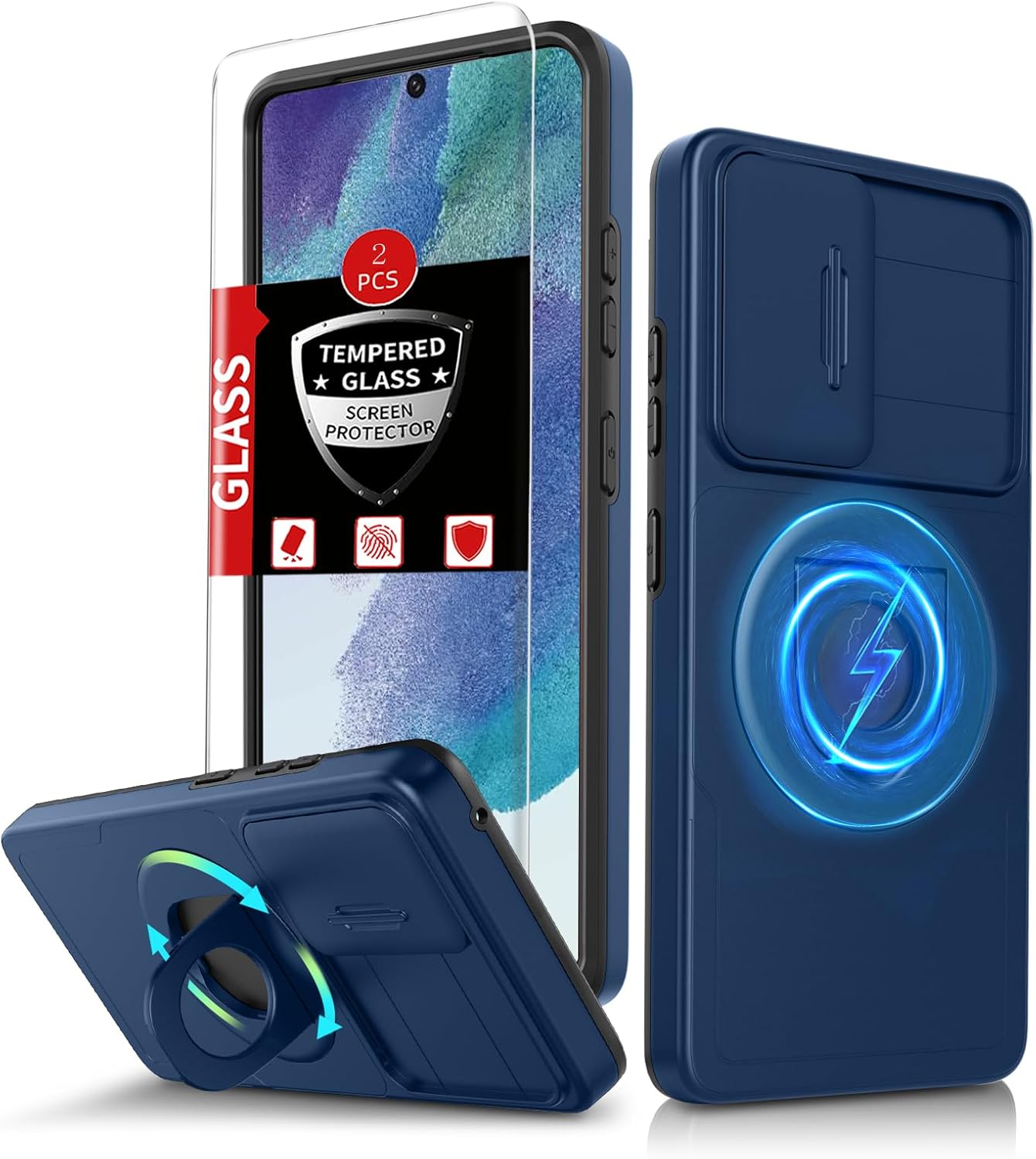 for Samsung Galaxy s21 FE Case Magnetic Compatible with MagSafe Wireless Charging,with 2 Screen Protectors,Built-in Stand Ring+Camera Cover Anti-Scratch Shockproof Heavy Duty Protection Blue