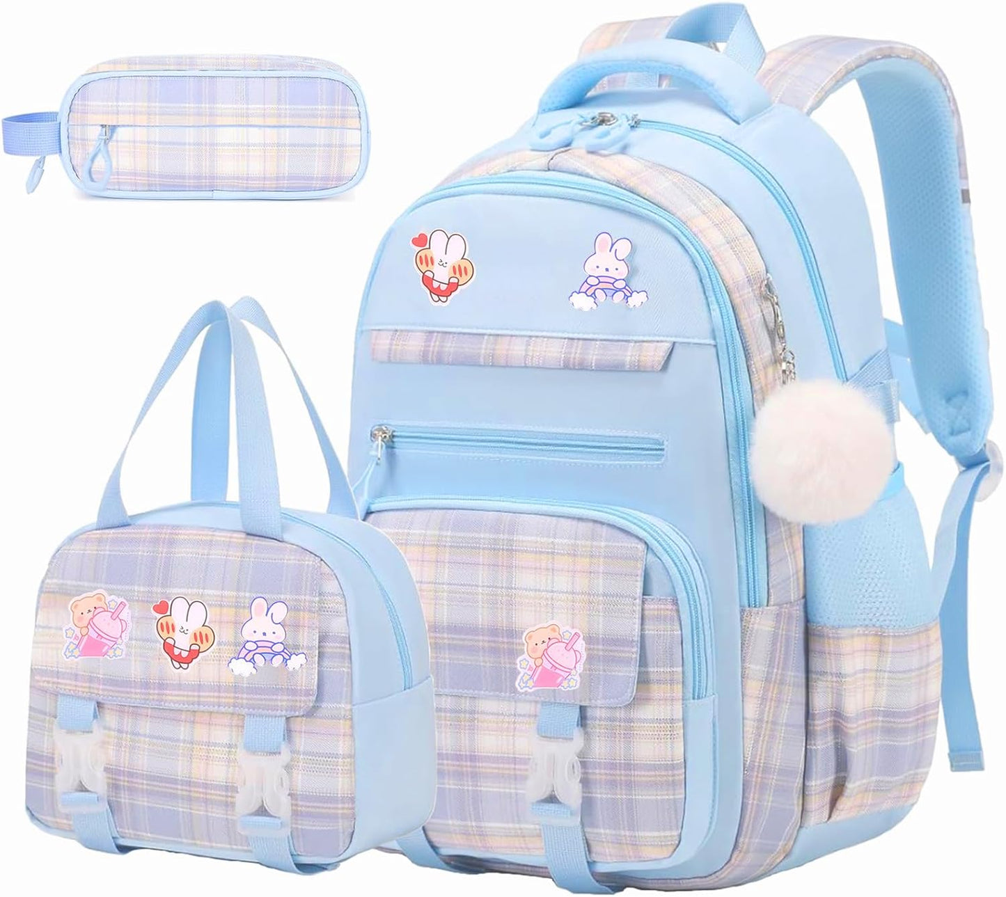 Cute Girls Backpack, 3PCS Cute Kids School Bag, 16.8 Inch Kindergarten Primary Backpack with Lunch Box Pencil Case Set(Blue)