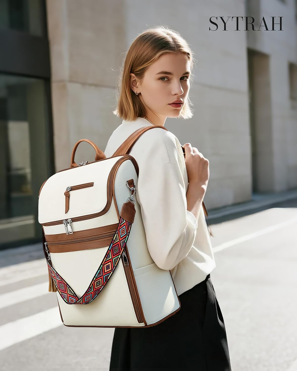 Leather Laptop Backpack for Women Designer Laptop Bag, 16.5 inch Travel Computer Backpacks Purse with Tassel for Work Business with Satchel Purse Beige Brown