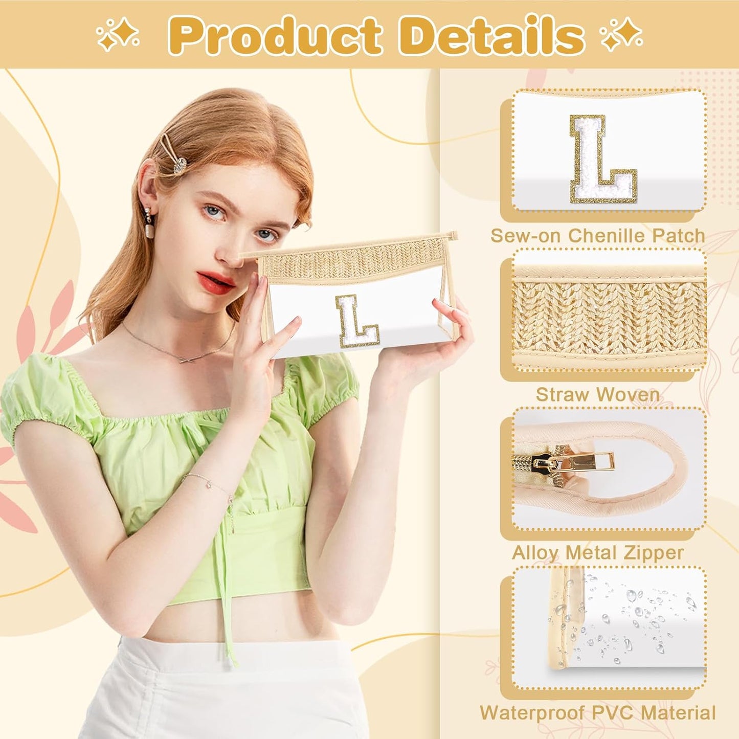 Personalized Initial Letter Bag Boho Straw Clear Makeup Bag,Small Cute Chenille Varsity Letter Bag With Zipper,Beach Travel Toiletry Bag,Portable Monogrammed Cosmetic Bag for Women Girls,L