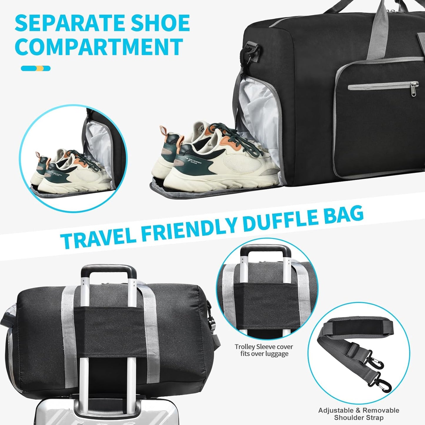 Felipe Varela Duffle Bag with Shoes Compartment and Adjustable Strap,Foldable Travel Duffel Bags