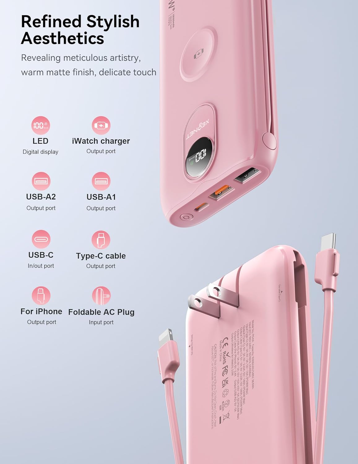 Portable Charger, 10000mAh 22.5W Fast Charging Power Bank with Built in Cable & Wall Plug, Travel Essential Battery Pack with LED Display, External Charger for iPhone, iWatch 11/10/9/8/Ultra/SE Pink