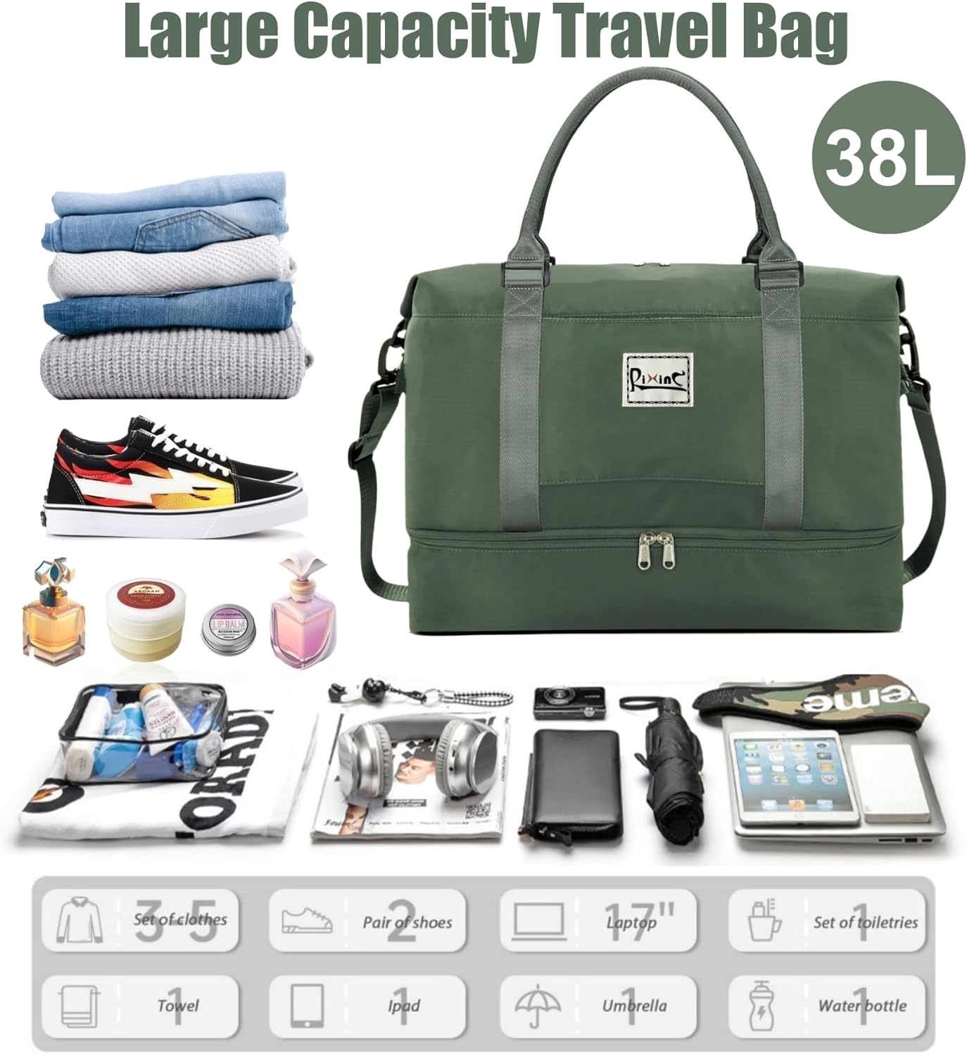 Large Travel Duffle Bag Weekender Bags for Women with Shoes Compartment, Travel Duffel Tote Carry on Overnight Bag for Travel Business Trips, Sport Yoga Gym Bag with Wet Pocket (Olive Green-A)