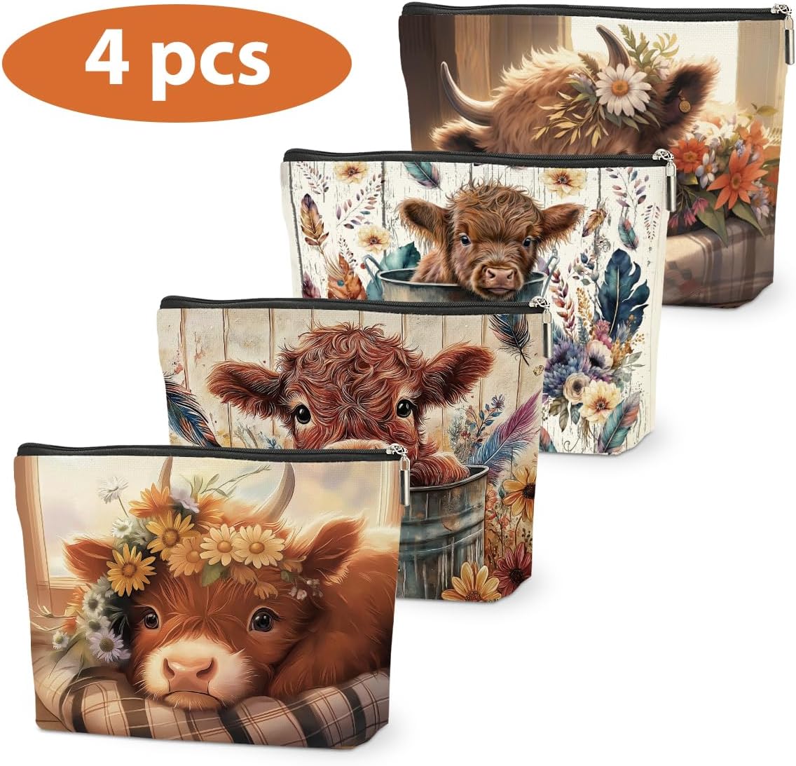 4 PCs Highland Cow Makeup Bag Cow Print Stuff Highland Cow Gifts Cosmetic Bag, Western Gifts for Women Scottish Girls Best Friends Coworkers, Cute Cow Stuff Christmas birthday Gifts Zipper Pouch