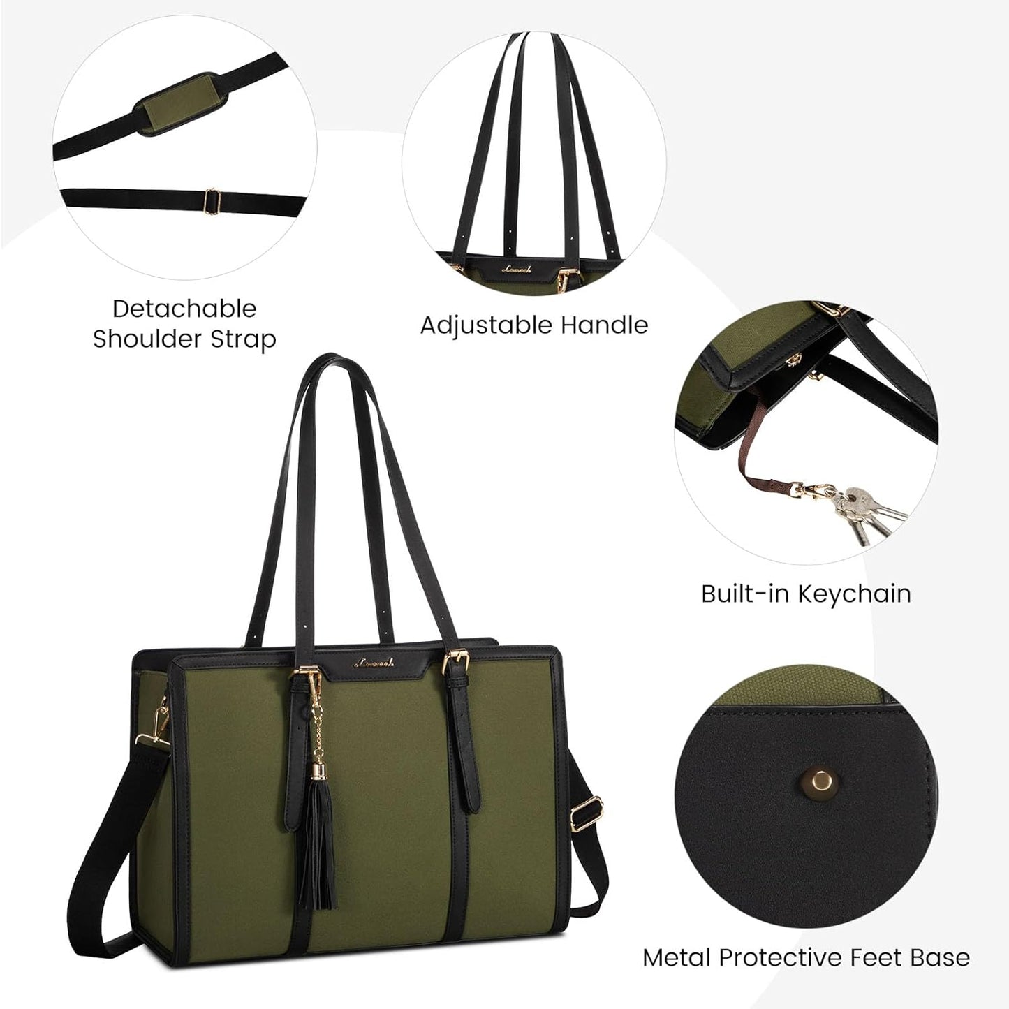 LOVEVOOK Laptop Bag for Women - 15.6 inch Lightweight Canvas Laptop Tote, Large Capacity Computer Bag with Clutch Purse for Business, Work, Travel, School (Black & Green, 15.6 Inch)
