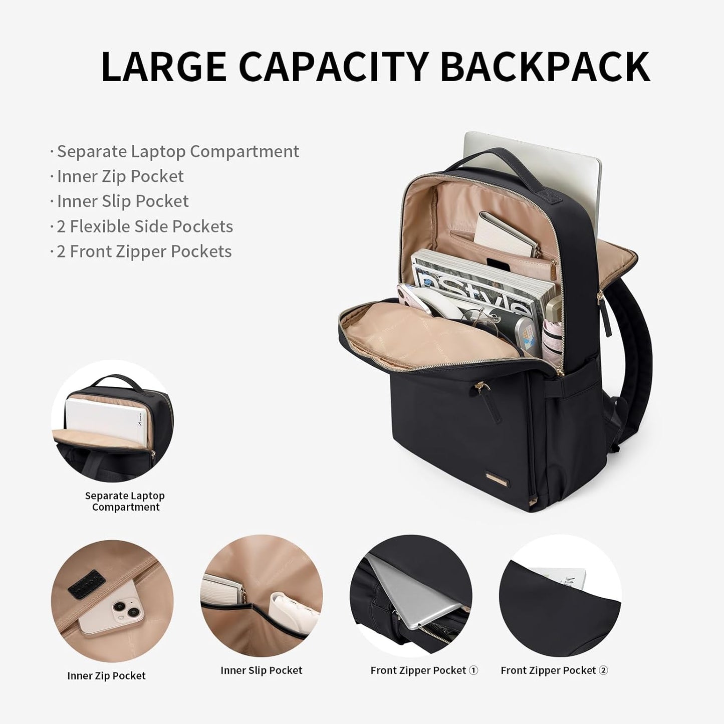 Stylish Laptop Backpack for Women Airline Approved Perfect for Work College and Travel Multi-Functional Casual Daypack Fits 15.6 Inch Notebook (Black)
