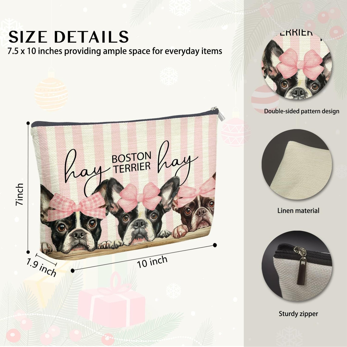Coquette Pink Bow Boston Terrier Makeup Bag Gifts for Women, Boston Terrier Lover Gifts Cosmetic Bag, Rustic Preppy Girly Dog Striped Zipper Makeup Pouch Travel Toiletry Bag