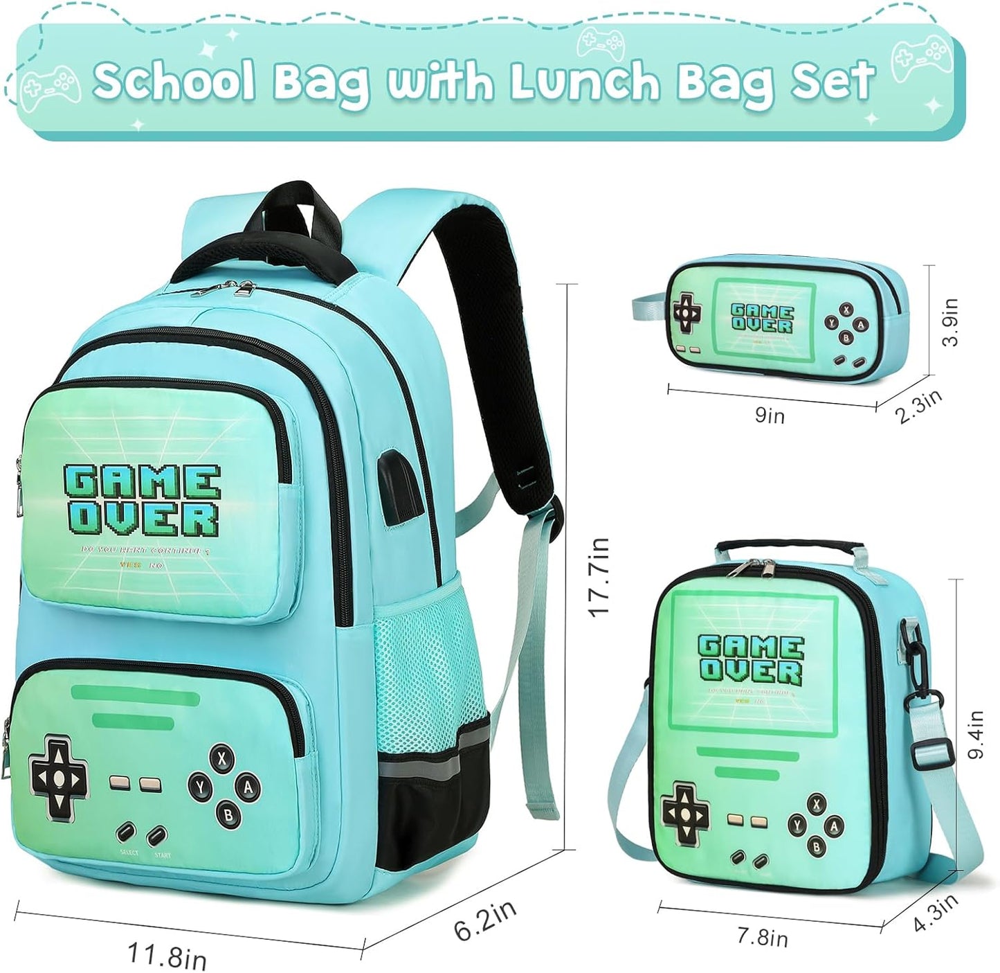 Gamer Backpack for Boys - Luminous School Backpack with Lunch Bag & Pencil Case - Boys' Elementary & Middle School Backpack with USB Charging Port (Green)