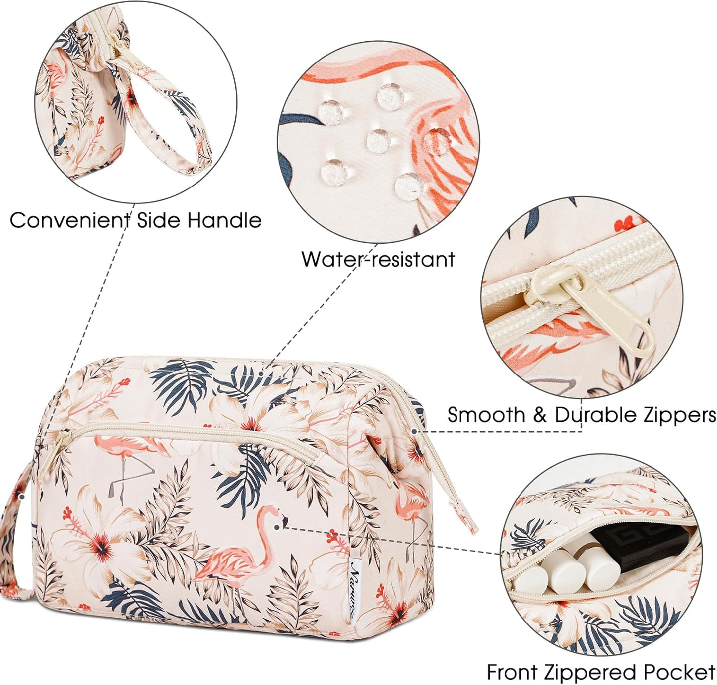 Narwey Women Makeup Bag Wide-open Make up Bag Travel Cosmetic Organizer Toiletry Bag for Cosmetics Toiletries Accessories (Beige Flamingo)