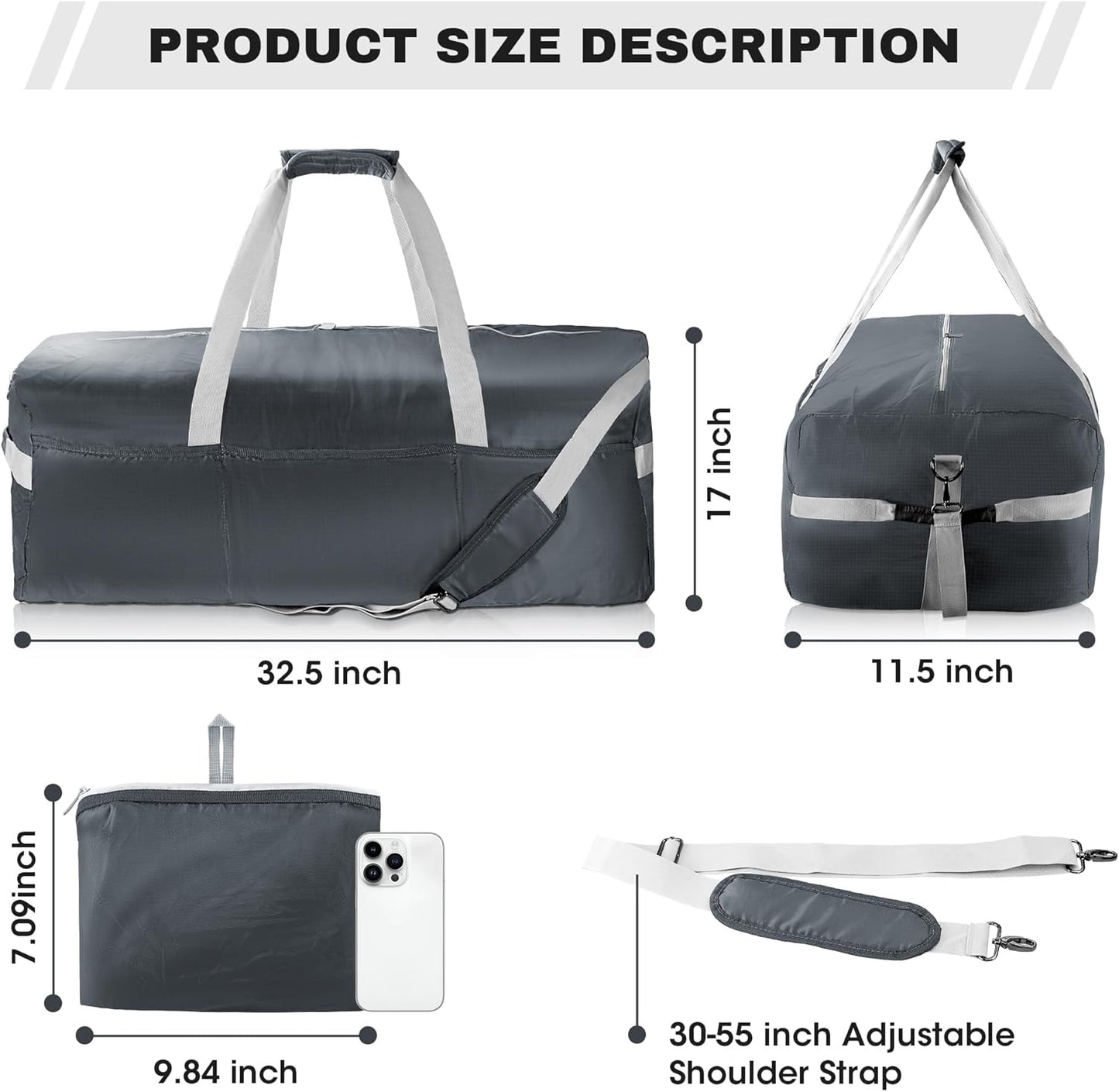 125L Foldable Duffel Bag,With shoulder strapLightweight and Waterproof for Travel - Grey