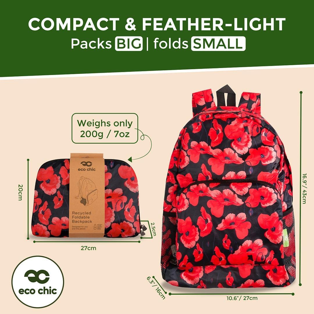 ECO CHIC Lightweight Foldable Daypack Backpack - Poppies, Navy, 200mm x 270mm x 25mm (folded), 430mm x 270mm x 160mm (unfolded)