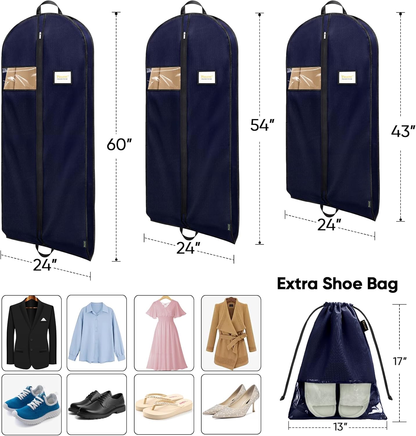 BALEINE 1PK Heavy Duty Garment Bag with Shoe Storage Travel Bag for Dresses, Suit, Coats Travel