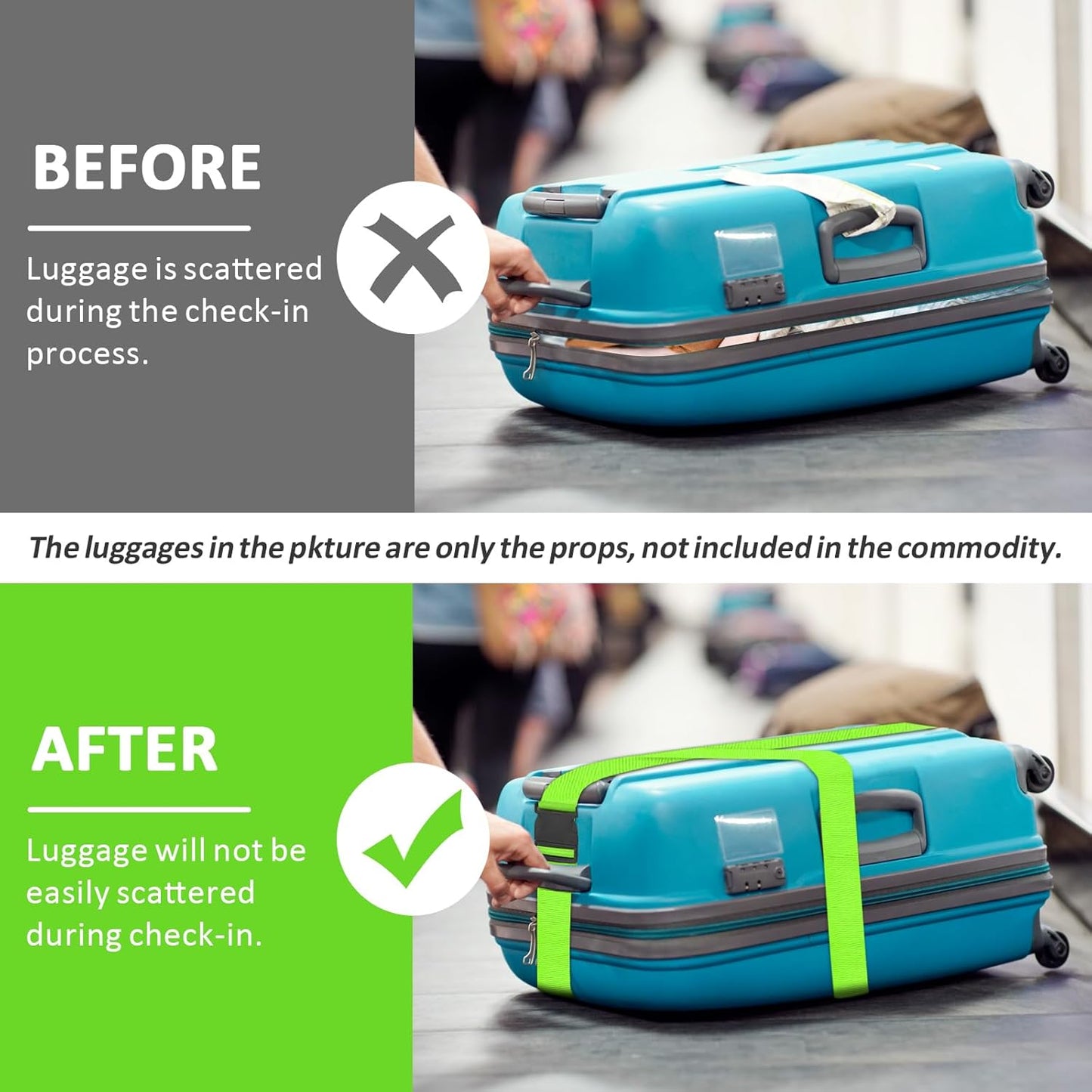 vivinin 4 Pack Luggage Straps, Luggage Belt with Buckle Closure, Adjustable Luggage Belt for Travel Bag Closure, Luggage Security (Neon Green)