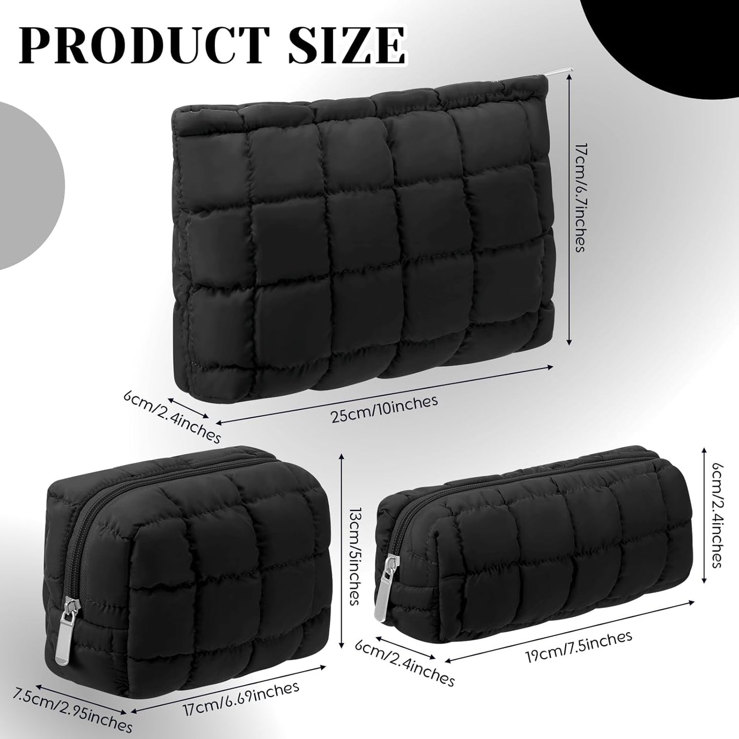 3 Pcs Puffy Makeup Bag Quilted Cosmetic Pouch for Women Cute Checkered Travel Toiletry Bag Puffer Makeup Organizer Purse Pouch Preppy Pencil Case with Zipper