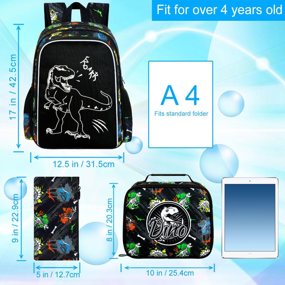 3Pcs Glow in The Dark Dinosaur Backpack for Boys, 17 Inches Dino School Bookbag Set for Teens, Laptop Backpacks with Lunch Bag(Black)