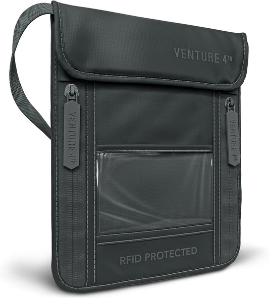 VENTURE 4TH Neck Wallet, RFID Blocking Passport Holder for Travel – Hidden Neck Pouch with 5 Compartments, Slim Lightweight Organizer with Adjustable Strap for Cash, Cards & Passport (Sleek Gray)