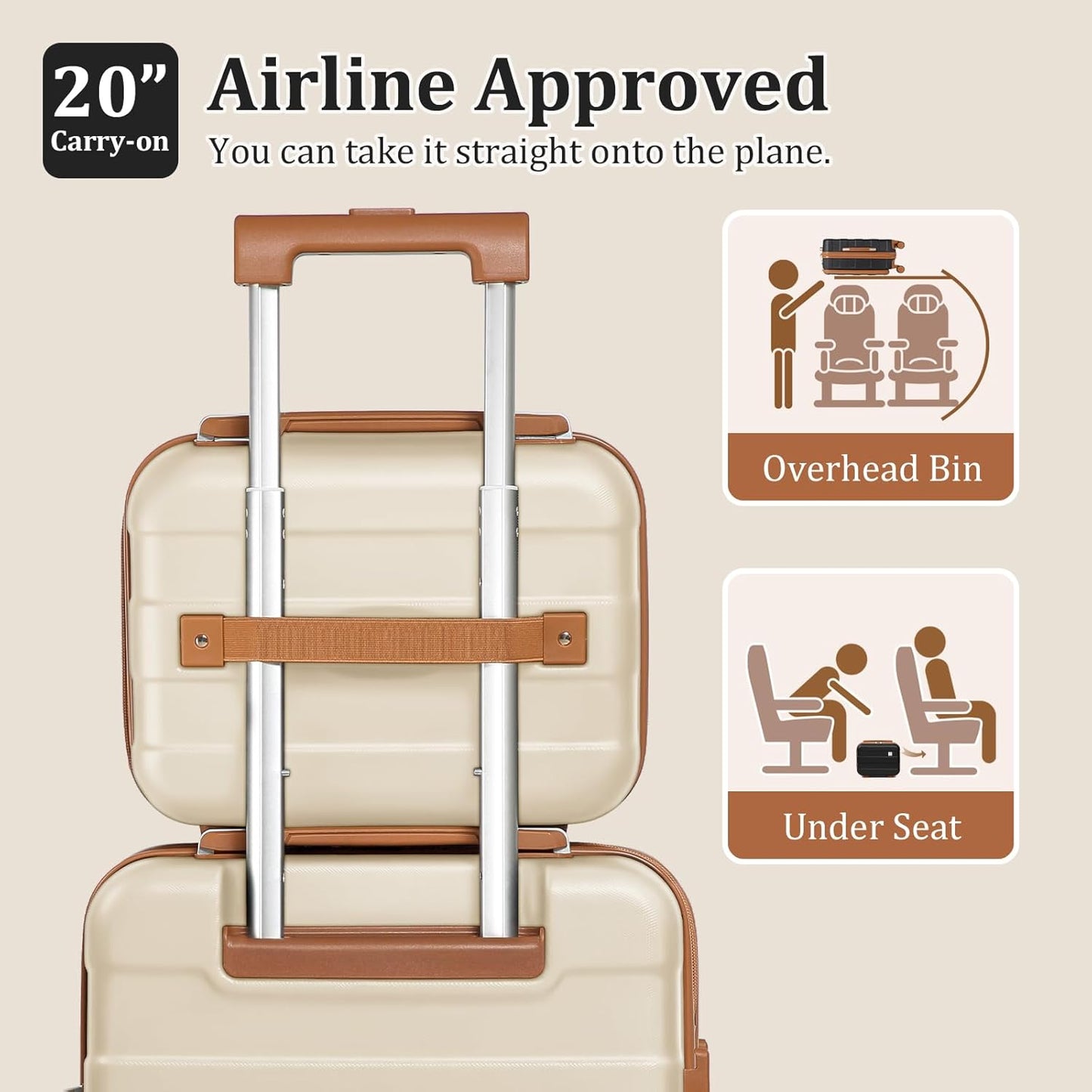 imiomo Carry on Luggage Airline Approved, Lightweight Hard Shell Carry-on Suitcase, 20 Inch Travel Luggage with Spinner Wheels and USB Port, White Brown