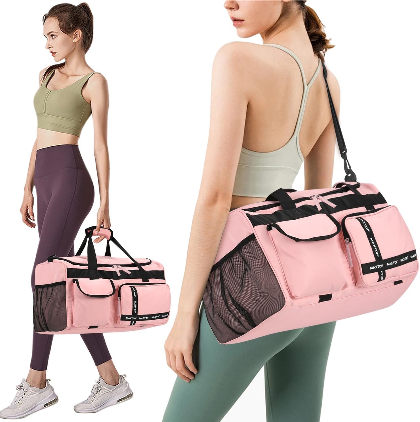 MAXTOP Gym Bag for Women Men Travel Duffle Bag Large Capacity Carry On Weekender Overnight Bag With Shoe Compartment Gym Tote Dry Wet Separation Duffel Bag for Travel