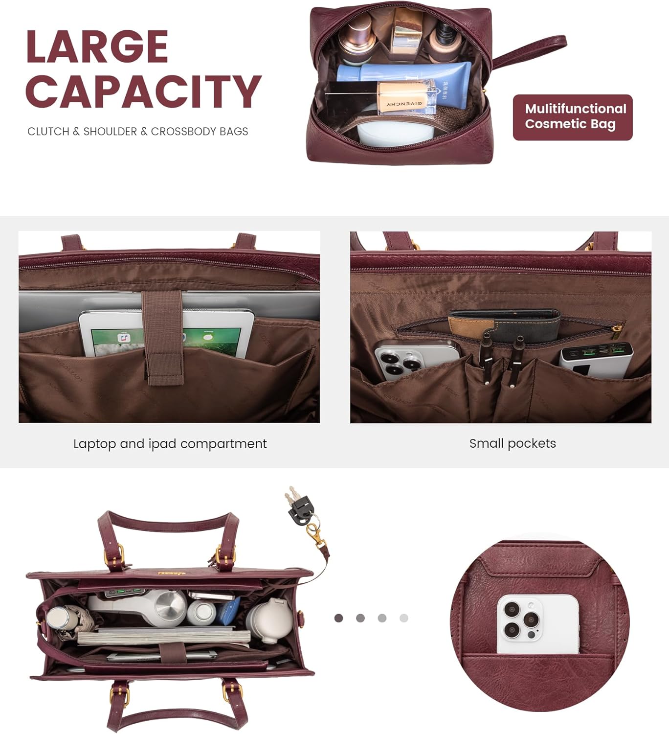 LOVEVOOK Laptop Bag for Women Vintage Leather Work Tote 15.6 inch Large Capacity Computer bag with Clutch Purse for Office, Travel, School, Casual