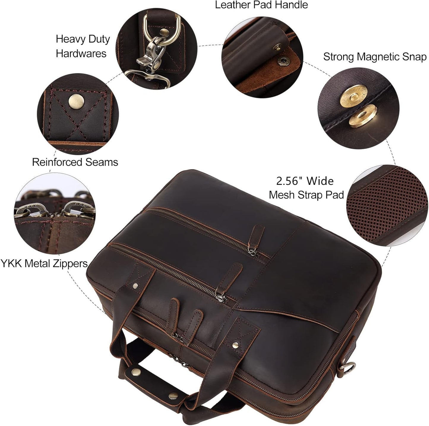 Masa Kawa Leather Briefcase for Men 15.6" Laptop Crossbody Shoulder Messenger Bag Vintage Brown Business Travel Office Work Computer Attache Case