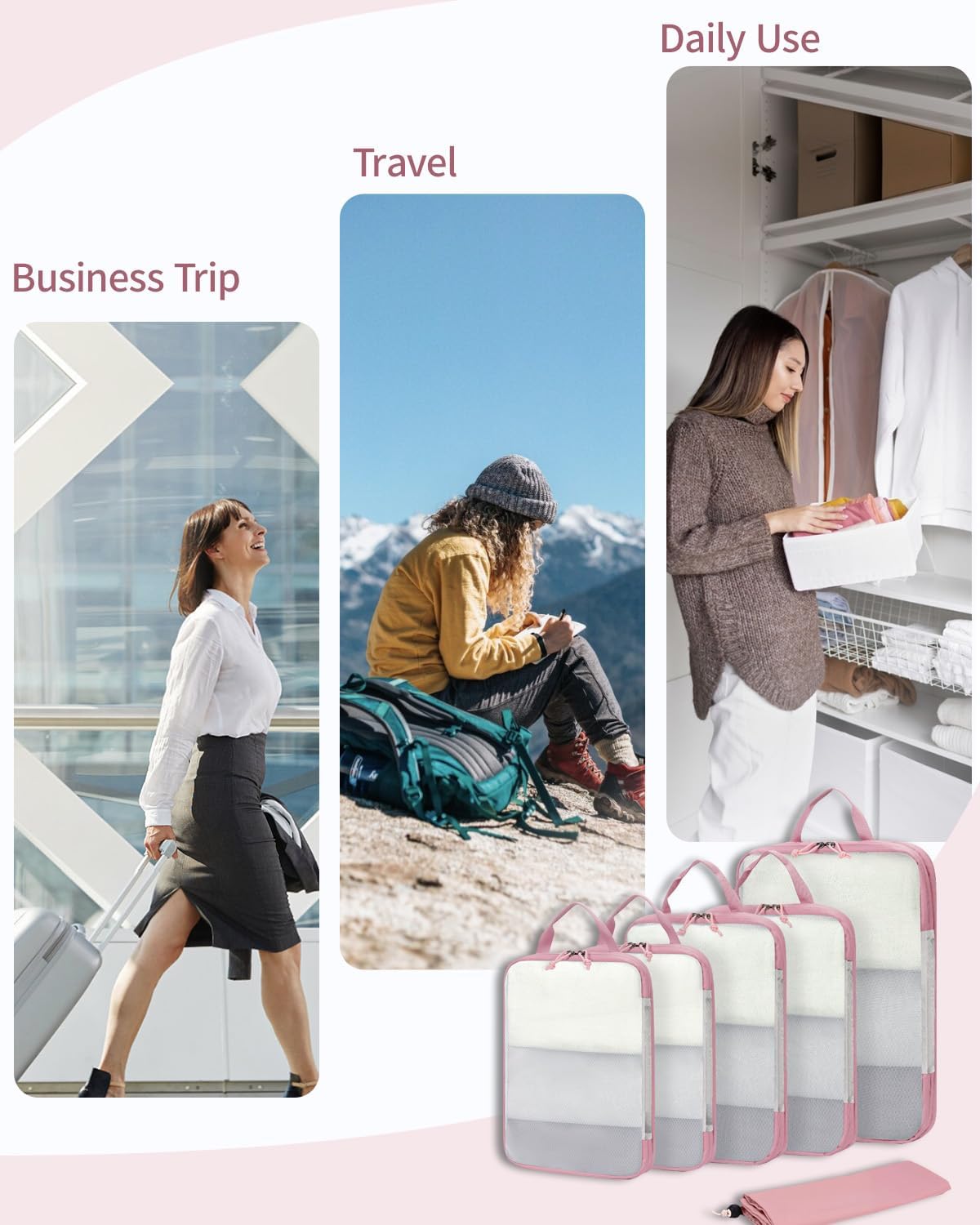 ECOHUB 6 Set Compression Packing Cubes, Gifts for Women Mom, Lightweight Vacation Travel Essentials Accessories for Suitcase Luggage Organizer Bags Set with YKK Zippers Shoe Bag, Pink