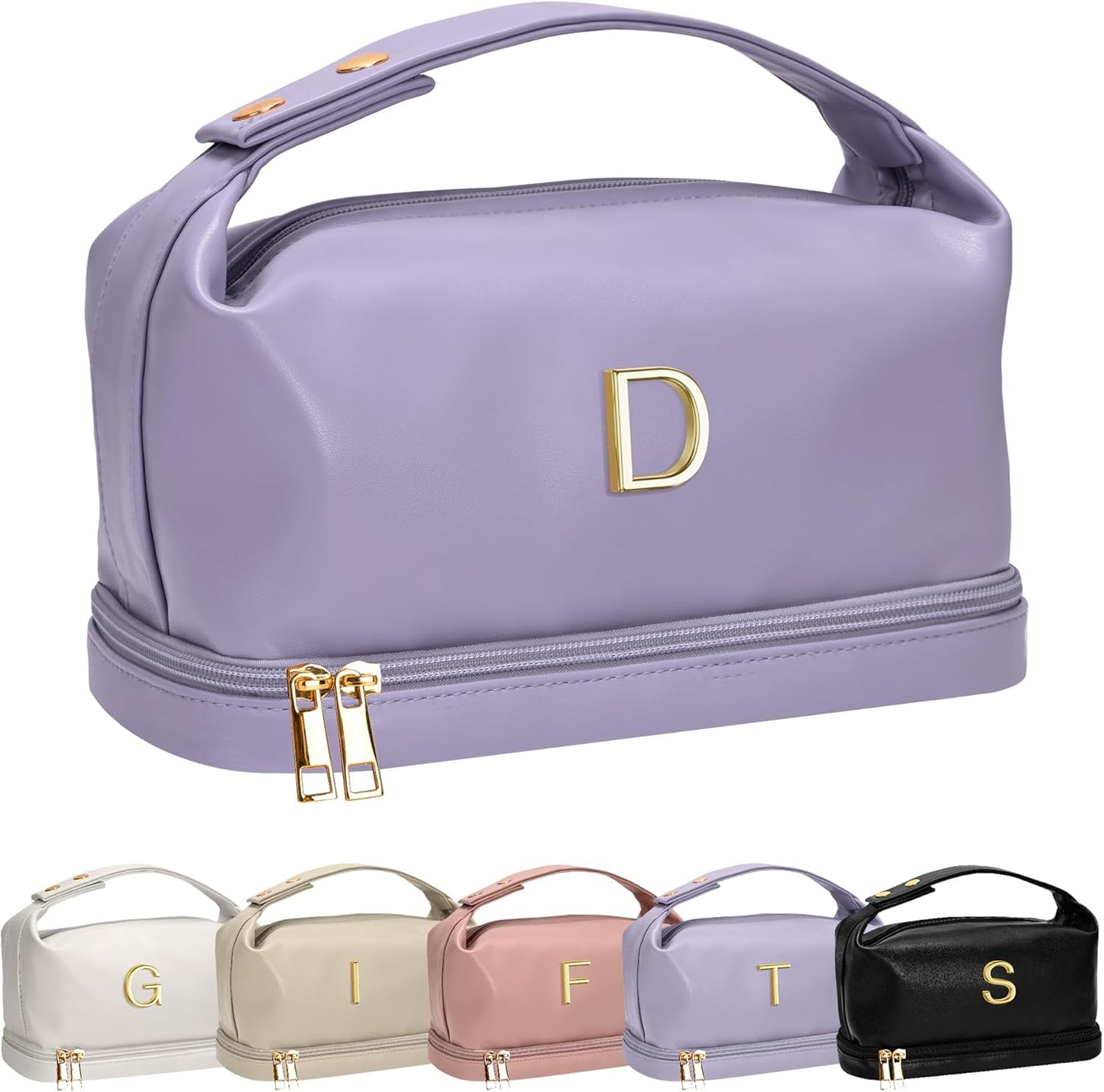 Personalized Makeup Bag, Initial Double Layer Cosmetic Bag with Makeup Brush Organizer, Waterproof, Large Capacity PU Leather Travel Toiletry Bag Retirement Gifts, Daughter Gifts