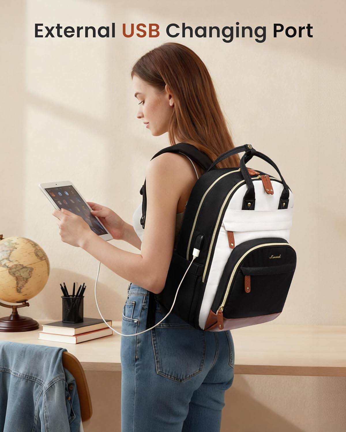 LOVEVOOK Backpack for Women,Laptop Backpack Women,Fits 18 Inch Laptop Bag,School Backpacks,Fashion Travel Work Anti-theft Bag,Waterproof Business Computer College Backpack Purse,Beige-Black-Brown